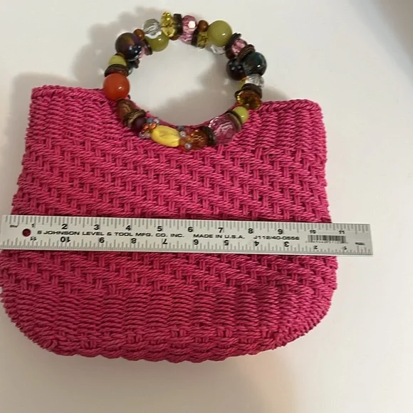 Cappelli Mini Handbag Purse Hot Pink Beaded Handle Woven Straw Summer Fun Small - Picture 12 of 16